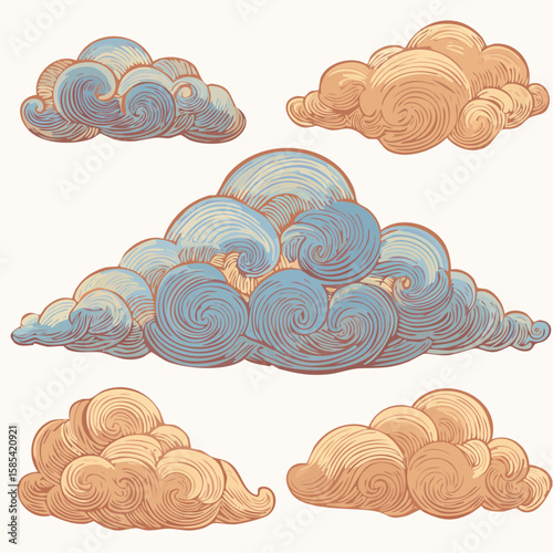 Vintage cloud sketch set for design and decoration