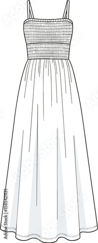 Maxi dress sketch front and back views, spaghetti straps, ruched bodice contour, gathered voluminous skirt, wavy hemline flow, elegant fashion garment illustration