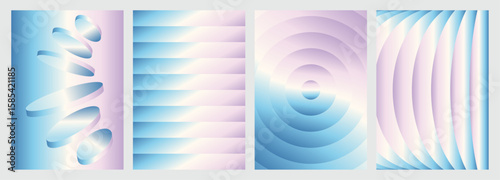 Abstract gradient cover collection with smooth pastel transitions, vibrant perspective 3d geometric prism shapes and curved symmetry. Perfect creative design for social media, banner, flyer, poster