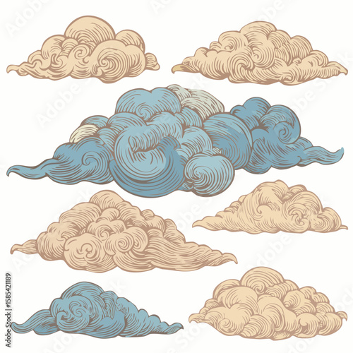 Vintage cloud sketch set for design and decoration