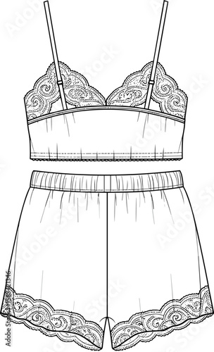 Two-piece lace lingerie sketch front view, thin strap bralette with scallop trim, elastic waistband shorts with lace edging, delicate intimate garment illustration