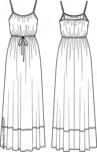 Spaghetti strap maxi dress sketch front and back views, gathered bodice, drawstring waist, flowy skirt, decorative hem detail, fashion garment illustration layout