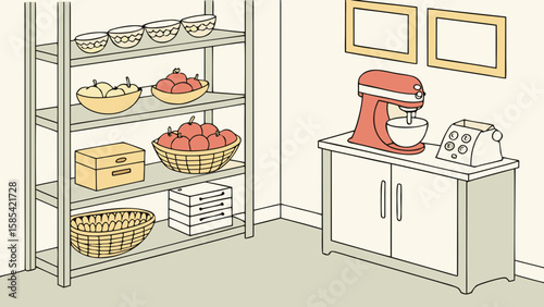 Kitchen pantry with shelves of fruit and baking appliances isolated on white background