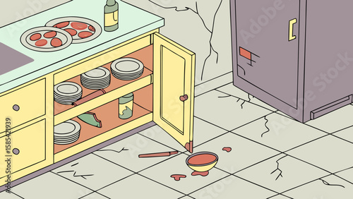 Kitchen cabinet open with broken bottle and spilled food on the floor isolated on white background