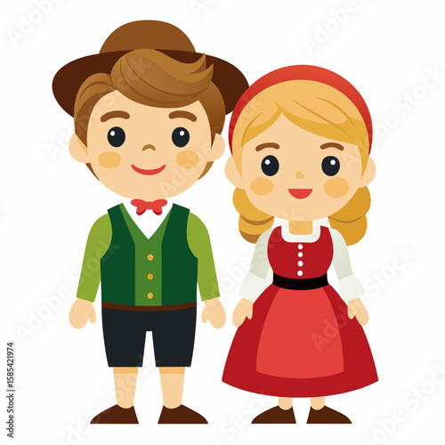 Charming Cartoon Couple in Traditional European Attire
