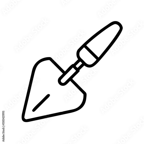 Trowel with a wooden handle in outline illustration style  