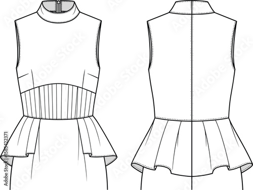 Sleeveless peplum dress technical sketch front and back, high neckline, fitted bodice with vertical seams, ribbed waist texture, flared hip panel garment illustration