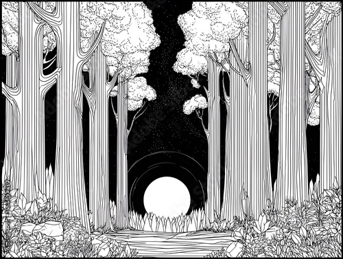 Mystical Forest Pathway: An artistic and surreal monochromatic illustration of a forest pathway, trees, and a luminous sphere, possibly representing the moon, creating a sense of mystery and wonder.