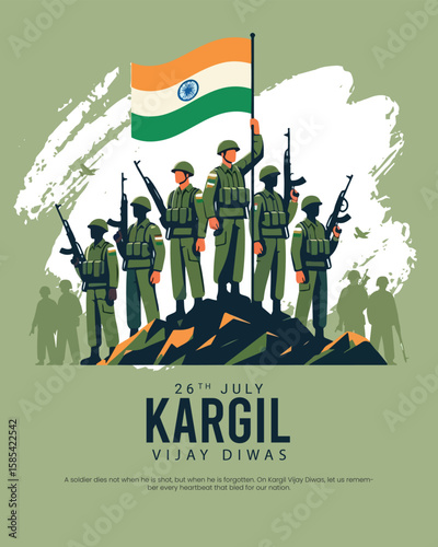 Kargil Vijay Diwas tribute design honoring Indian Army's bravery and sacrifice. Perfect for patriotic themes, military remembrance, and national days.
