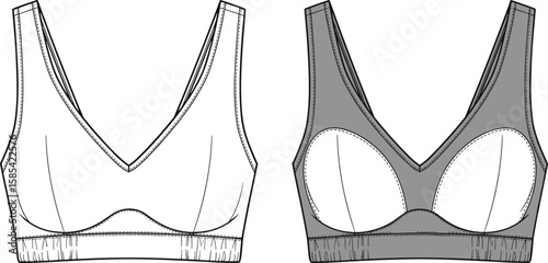 V-neck sports bra fashion sketch front and shaded view, wide straps, supportive bust contour, structured panel seams, bottom band detail, technical illustration