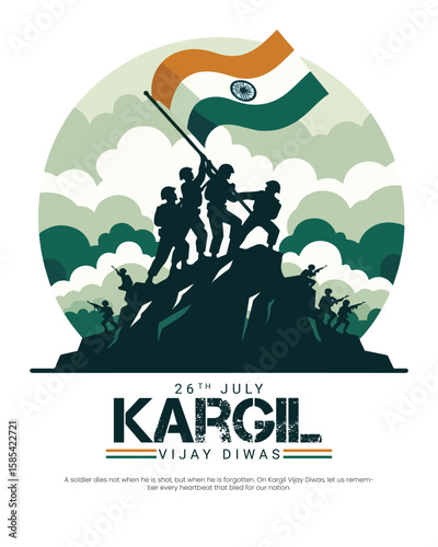 Kargil Vijay Diwas tribute design honoring Indian Army's bravery and sacrifice. Perfect for patriotic themes, military remembrance, and national days.
