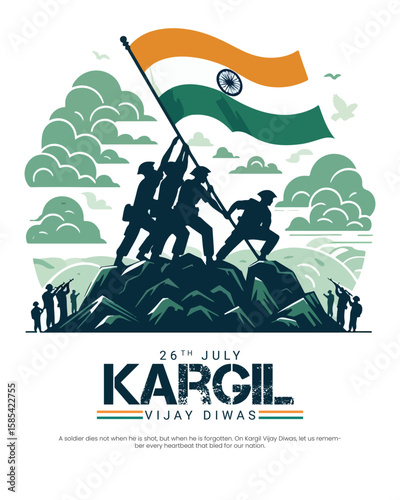 Kargil Vijay Diwas tribute design honoring Indian Army's bravery and sacrifice. Perfect for patriotic themes, military remembrance, and national days.
