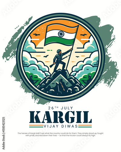 Kargil Vijay Diwas tribute design honoring Indian Army's bravery and sacrifice. Perfect for patriotic themes, military remembrance, and national days.

