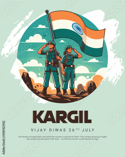 Kargil Vijay Diwas tribute design honoring Indian Army's bravery and sacrifice. Perfect for patriotic themes, military remembrance, and national days.
