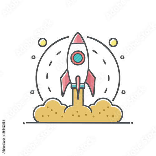Cartoon Rocket Launching from Surface – Flat Style Space Illustration
