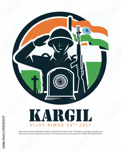 Kargil Vijay Diwas tribute design honoring Indian Army's bravery and sacrifice. Perfect for patriotic themes, military remembrance, and national days.
