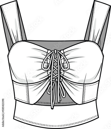 Sleeveless ruched crop top technical sketch, wide straps, lace-up front with crisscross detail, fitted bust panel, bottom band structure, garment illustration design