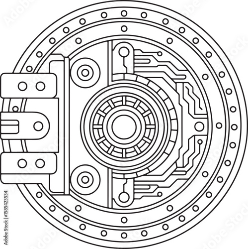 Cyber Vault Door with Circuit Board and Gear Elements Vector Line Art, Cyber Vault Door, Futuristic Lock Art, Circuit Gear Security, Safe Lock Vector, Tech Lock Illustration