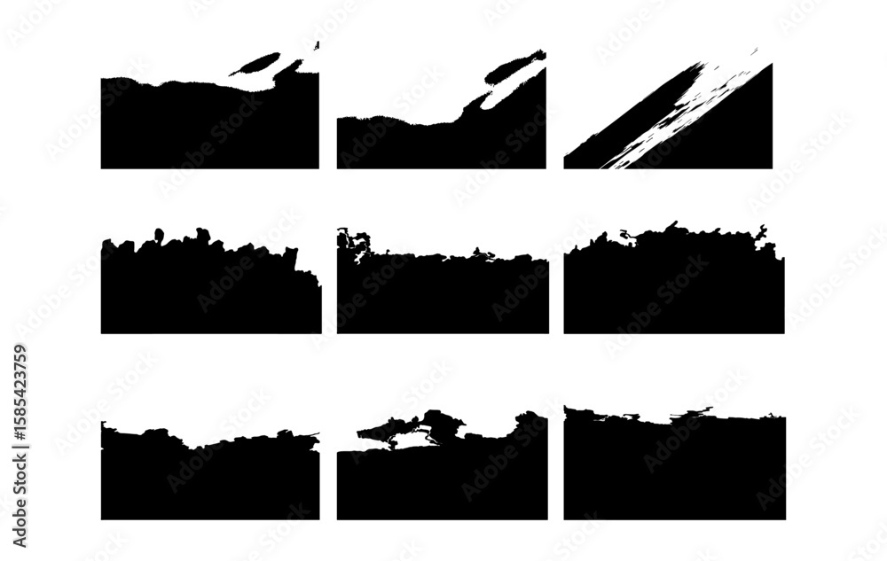 Naklejka premium A high quality collection of 9 unique grunge ink edge brush masks in black and white. Perfect for use in photo overlays, distressed designs, poster art, or digital backgrounds.