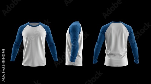 Realistic 3D mockup of white and blue long sleeve raglan t-shirt with front, side, and back views on neutral gray background, perfect for clothing design and branding showcase