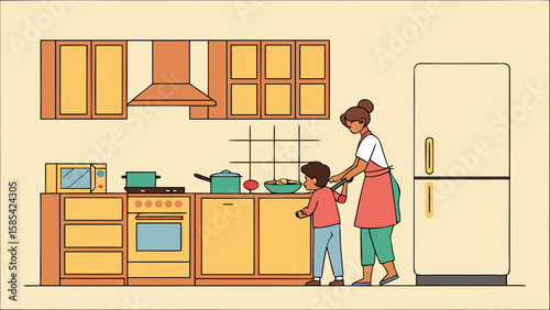 Mother and son cooking together in a colorful kitchen isolated on white background