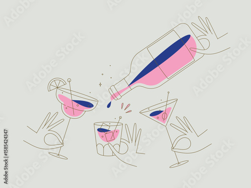 Hand holding pina colada, whiskey, martini glasses and bottle drawing in flat line style on beige background