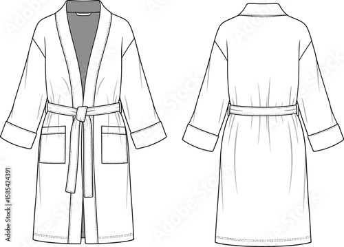 Bathrobe technical sketch front and back view, shawl collar design, cuffed long sleeves, patch pockets, waist tie belt, garment illustration, apparel pattern drawing