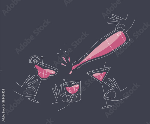 Hand holding pina colada, whiskey, martini glasses drawing in flat line style on dark blue background