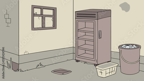 Illustration of a dusty room with a broken window and storage cabinet isolated on white background