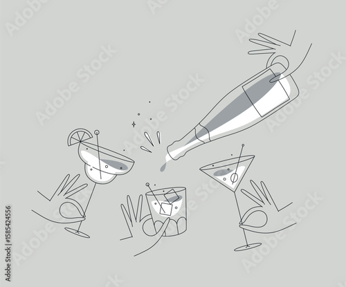 Hand holding pina colada, whiskey, martini glasses drawing in flat line style on grey background
