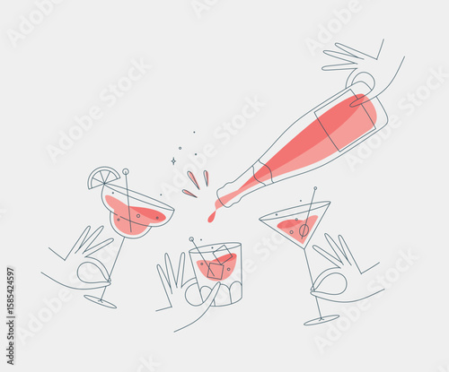 Hand holding pina colada, whiskey, martini glasses drawing in flat line style on light background