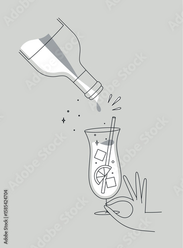 Hand holding glass of pina colada cocktail and bottle drawing in flat line style on grey background