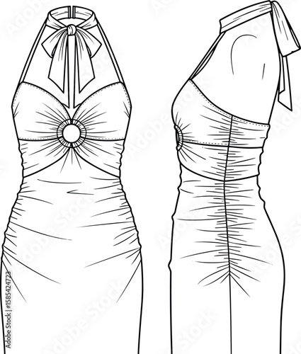 Fashion sketch front and side dress view, halter neckline, bow tie detail, ruched design, elegant fit, designer concept, garment design, couture fashion illustration