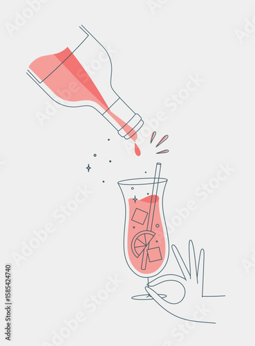 Hand holding glass of pina colada cocktail and bottle drawing in flat line style on light background