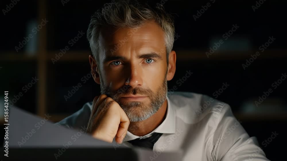 A man in a suit, hands clasped together as he deep in thought at his desk.