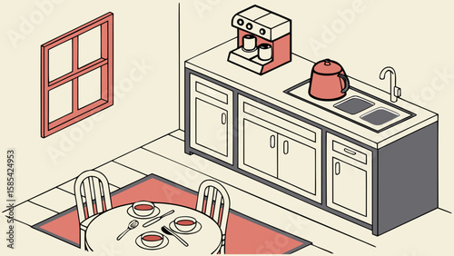 Isometric kitchen scene with dining table cabinets and coffee maker isolated on white background