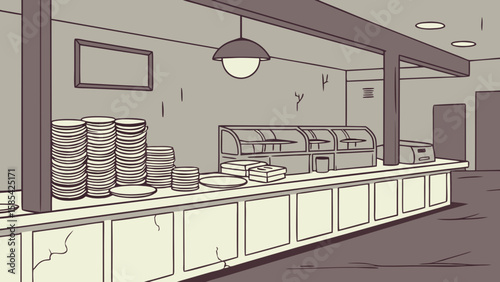 Empty buffet counter with stacks of plates and food warmers isolated on white background