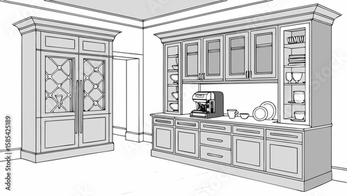 Modern kitchen interior with built in cabinets and appliances isolated on white background