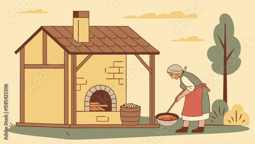 Peasant woman cooking food near a rustic oven isolated on white background