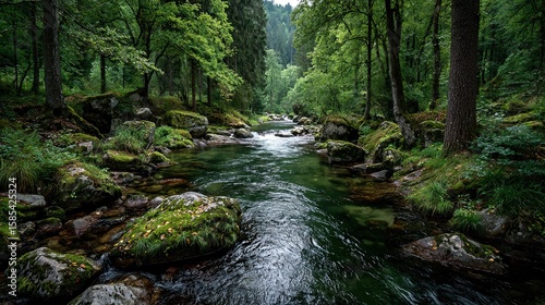 River flowing through green forest, serene woodland watercourse scene for eco nature, travel, outdoor photography