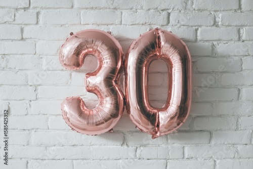 Rose gold balloons forming the number 30 against a white brick wall