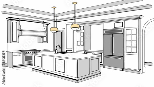 Modern kitchen design with island and stainless steel appliances isolated on white background