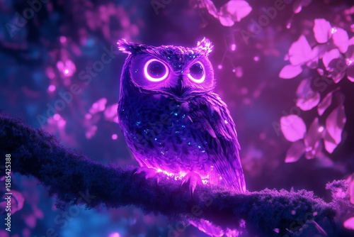 A neon-lit violet owl rests atop a luminous branch, casting a glowing presence in a vibrant neon forestscape,  created by ai