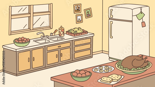 Cozy kitchen scene with thanksgiving dinner spread isolated on white background