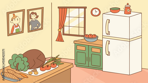 Cozy kitchen scene with a roast turkey and fresh vegetables isolated on white background