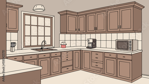 Modern kitchen interior with cabinets sink microwave and coffee maker isolated on white background