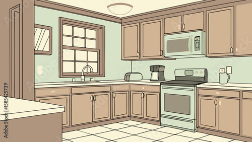 Cozy kitchen interior with cabinets sink stove and appliances isolated on white background