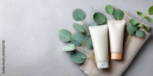 Cosmetic bottles with eucalyptus flowers towels and linen on pastel background top view flat lay natural organic skincare and spa concept perfect for beauty product branding body care wellness design