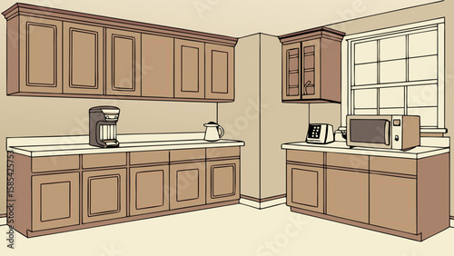 Modern kitchen interior with cabinets microwave coffee maker and window isolated on white background