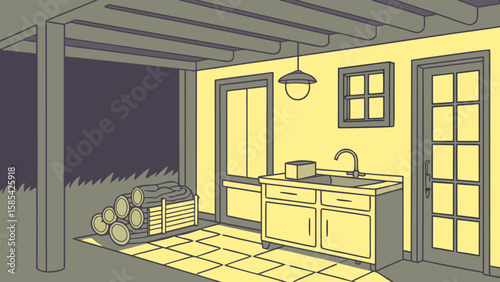 Outdoor kitchen area with sink cabinets and stacked firewood isolated on white background